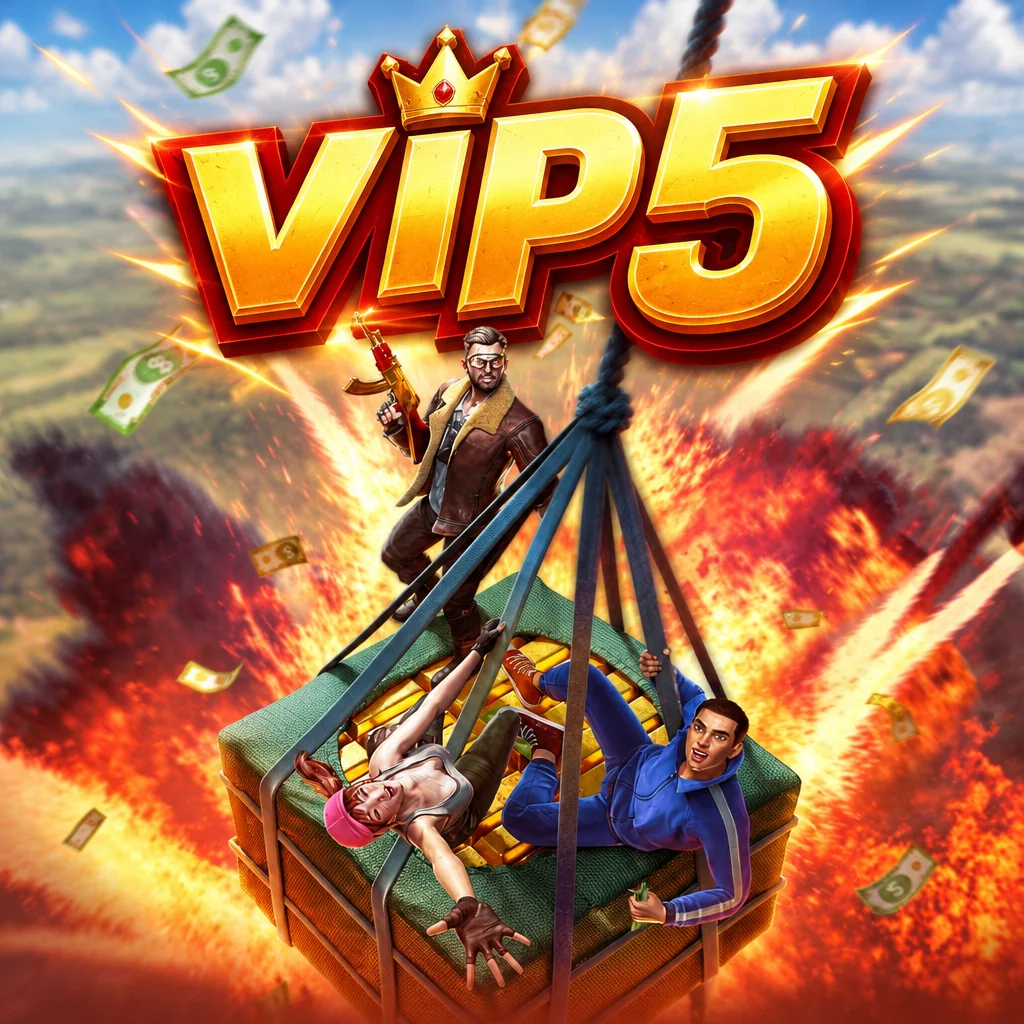 Karakter aksi di atas kotak kargo berlatar ledakan dengan logo vip5 pada Battleground
