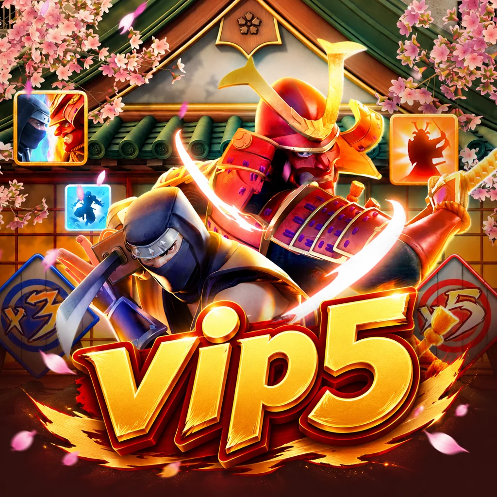 Ilustrasi pertarungan karakter bertema Ninja Vs Samurai dengan logo vip5