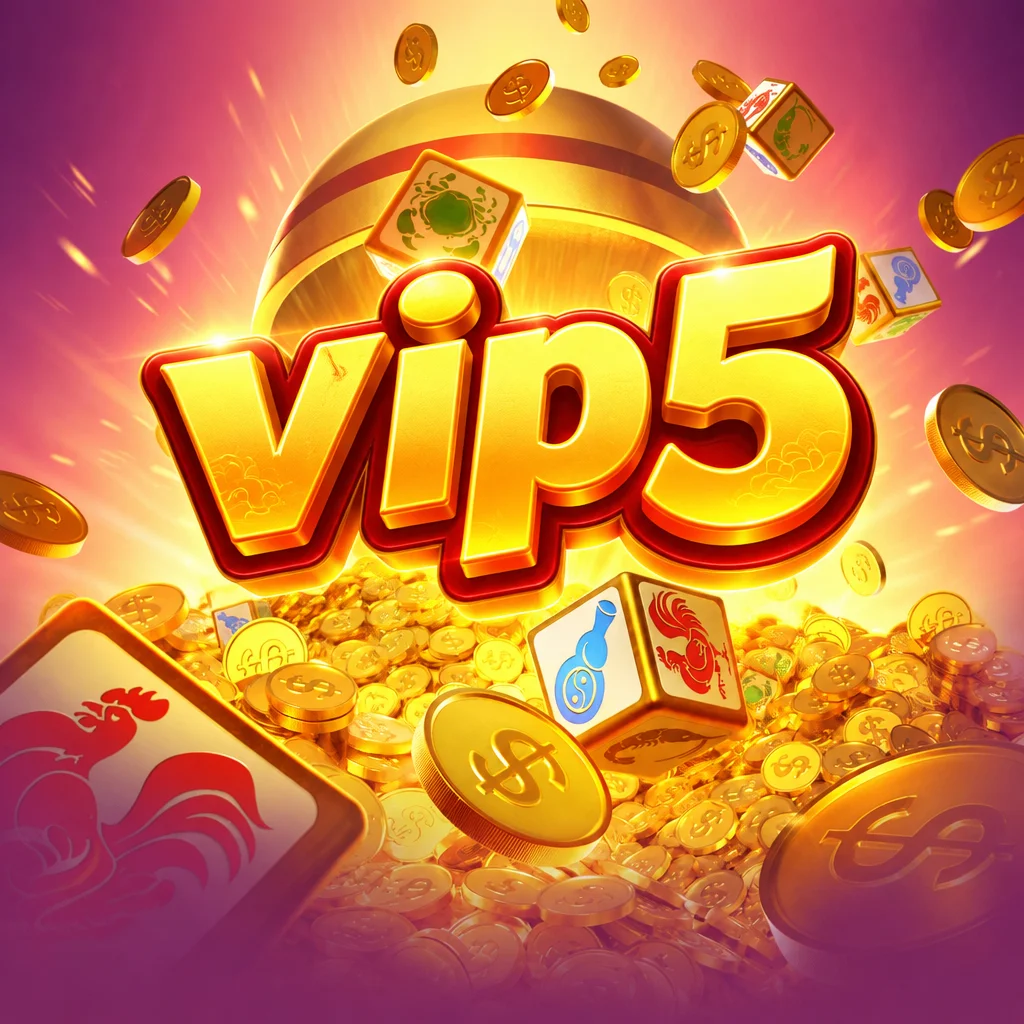 Logo emas vip5 di atas tumpukan koin dan dadu bergambar permainan Win Win Fpc